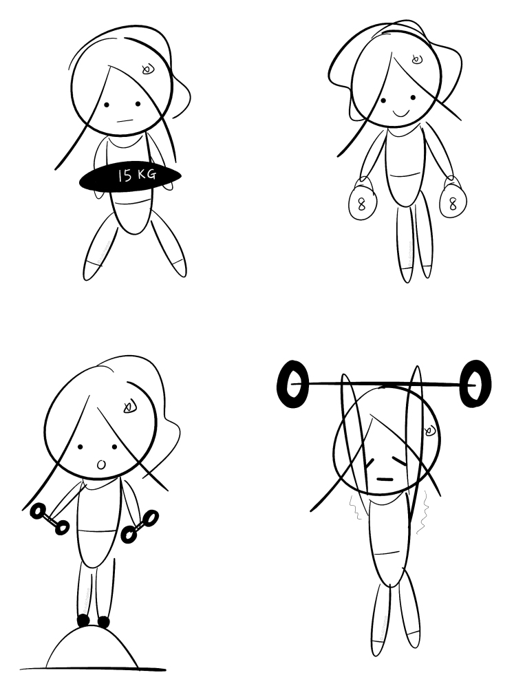 Drawings of Louise doing workout with sandbag, kettlebell, dumbbell, barbell at F45