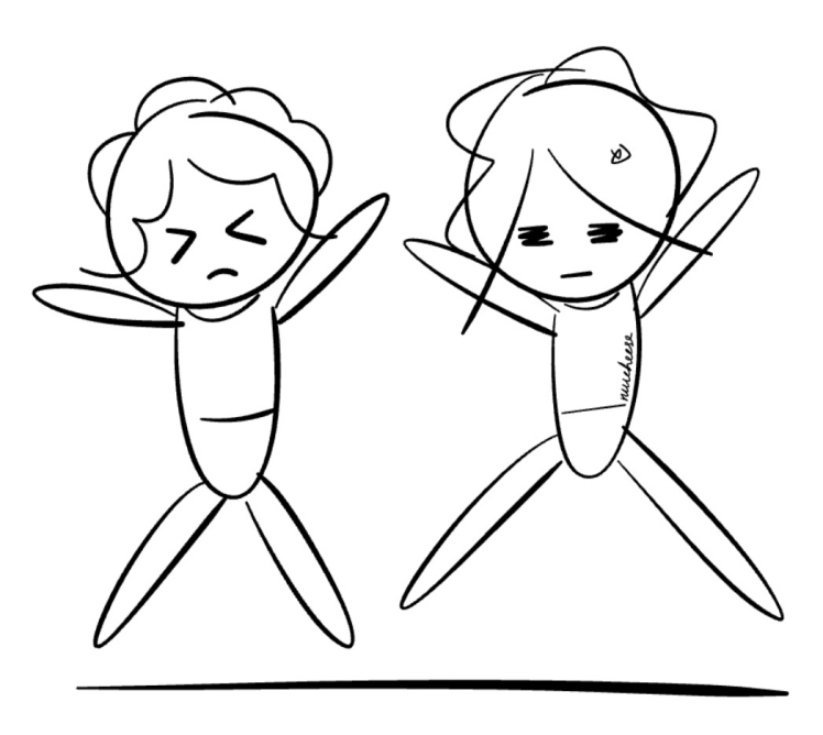 Drawing of Louise and friend doing star jump in workout class